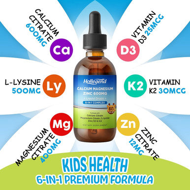 Liquid Calcium Citrate Drops With L-Lysine 500Mg, Magnesium & Zinc, Calcium Citrate 600Mg Supplement With Vitamin D3 & K2 For Kids & Adults, Muscle & Bone Support, Immune, Brain & Lip Health, 2 Fl Oz