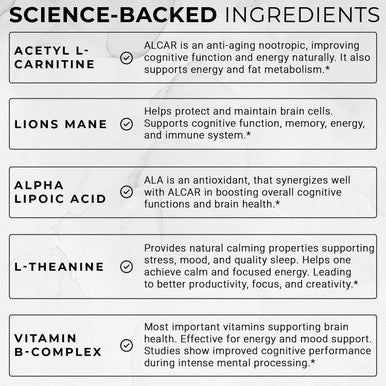 Aceworkz Elite Brain - Nootropic Brain Supplement For Focus, Memory, & Mental Clarity - Alcar, Lions Mane, Ala, L-Theanine, Vitamin B Complex - Natural Energy, Caffeine-(60 Capsules)