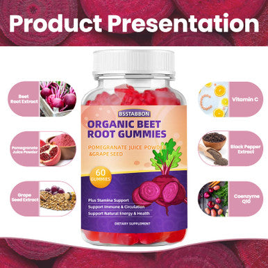 BSSTABBON Beet Root Gummies With Beet Root Extract,Pomegranate Juice Power,Grape Seed Extract Supplement Per Serving For Men And Women Non-Gmo, And Gluten Free,60Gummies