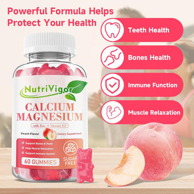 Calcium Gummies 600Mg With Vitamin D3, Calcium Magnesium Zinc Gummies For Bone & Immune Support, Calcium Supplement For Women & Men, Sugar Free, Vegan, Peach Flavor, 120 Count
