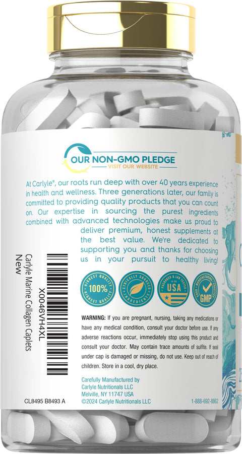 Carlyle Marine Collagen For Hair Skin And Nails 250 Caplets Peptides For Women And Men Type I With Calcium Non-Gmo & Gluten Free