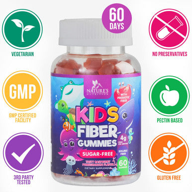 Kids Fiber Gummies - Sugar Free & 4g per Serving - Natural Prebiotic Fiber Supplement Supports Digestive Health & Supports Regularity - Delicious Berry Flavor Gummy - 60 Gummies