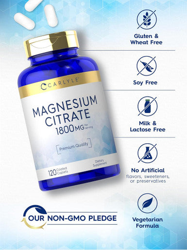 Carlyle Magnesium Citrate | 1800mg | 120 Coated Caplets | Vegetarian Non-GMO and Gluten Supplement