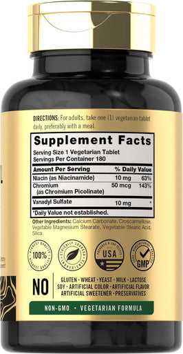 Vanadyl Sulfate 10Mg 180 Tablet Capsules With Chromium Picolinate Vegetarian Non-Gmo Gluten Free Supplement By Carlyle