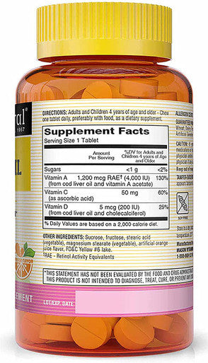 Mason Natural Healthy Kids Cod Liver Oil with Vitamin A, C and D - Improved Immunity, Healthy Heart and Brain Function, Supports Overall Health, Orange Flavor, 100 Chewables