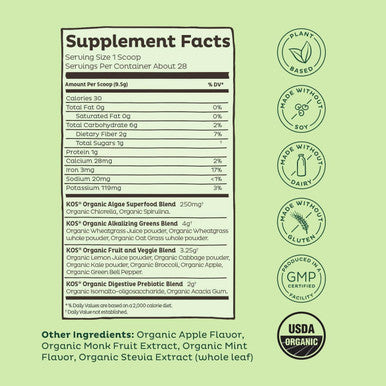 Kos Organic Super Greens Powder Erythritol - Plant Based Superfood Blend With Spirulina, Chlorella & Wheatgrass - Usda Certified Organic, Green Juice Smoothie - Apple Flavor - 28 Servings
