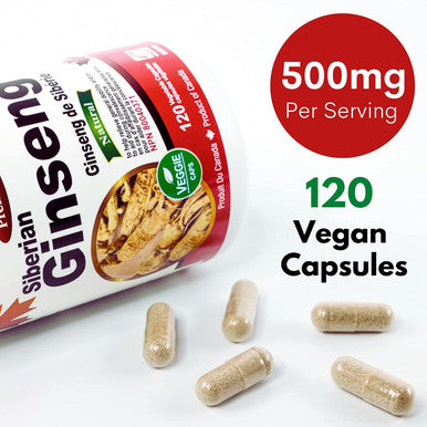 Siberian Eleuthero | 500mg Siberian Ginseng Root Powder | 120 Vegan capsules | Traditional Herbal Supplement for Adaptogen | Reduction of Stress & Fatigue | Made in Canada