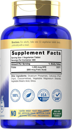 Carlyle Folic Acid 800 Mcg Tablets | 400 Count | Vegetarian Non-GMO Gluten
