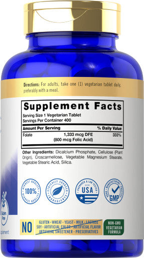 Carlyle Folic Acid 800 Mcg Tablets | 400 Count | Vegetarian, Non-Gmo, Gluten Free