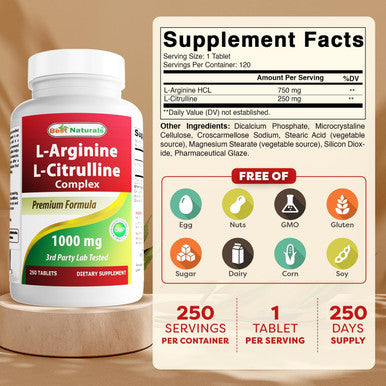 Best Naturals L-Arginine L-Citruline Complex Tablets 250 Count