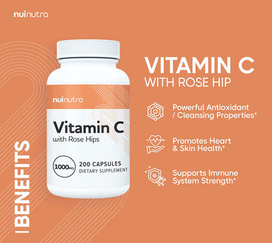 Nui Nutra Vitamin C with Rose Hips Supplement | 1000mg | 200 Capsules | Promotes Healthy Heart & Skin | Supports Immune System Strength | Antioxidant Protection