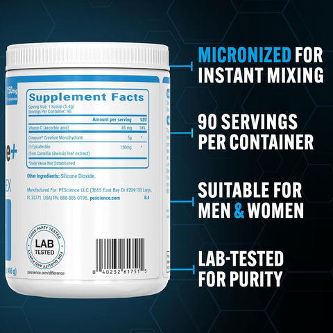Pescience Trucreatine+ Creatine Monohydrate Powder Plus Epicatechin Micronized Creapure Creatine For Women & Men Supports Muscle Growth Strength & Recovery Cognition 30 Servings Unflavored