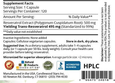 Mega Resveratrol, Pharmaceutical Grade,99% Pure, Isolate, Micronized Trans-Resveratrol, 120 Veggie Caps, 500Mg Per Capsule. Purity Certified. Absolutely No Toxic Inactive Ingredients Added.