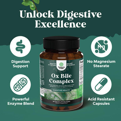 Natures Craft Digestive Enzymes with Ox Bile Supplement - Purified Bile Salts Supplement for Digestion Pancreas and Gallbladder Support with Pancreatin 4X Ox Bile Digestive Enzymes and Bile Salt Complex (1 Month)