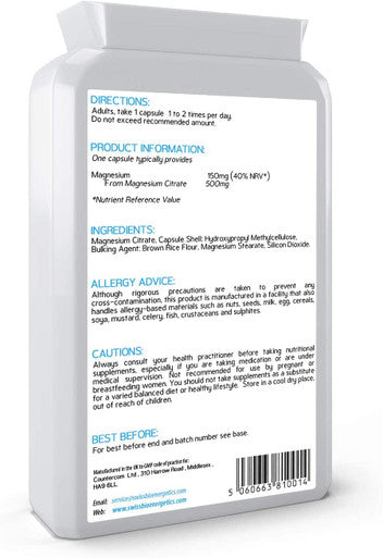 Magnesium Citrate 500mg 120 Capsules - Providing 150mg of Active Elemental Magnesium - High Potency - Easily Absorbable - Highly Bioavailable - UK Manufactured