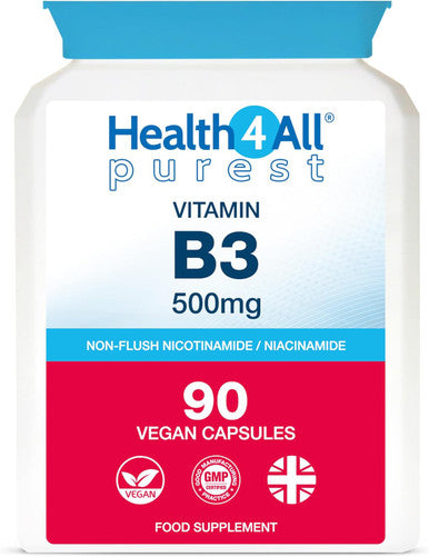 Health4All Vitamin B3 Niacin as Nicotinamide (Niacinamide) 500mg 90 Capsules Purest No Additives Vegan Gluten Free No-Flush Niacin VitB3 Capsules | Made in UK