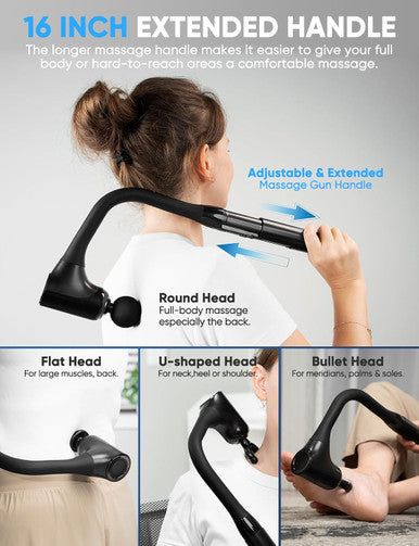 Fvz Massage Gun Deep Tissue - Back Massager For Pain Relief Deep Tissue With Extended Handle 12Mm Percussion Less-Shock Neck/Foot/Leg/Shoulder Massager Infinitely Adjustable Speed & 4 Replaceable Heads