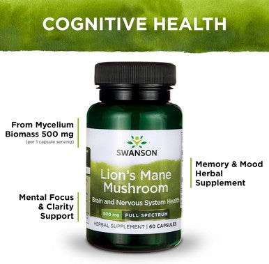 Swanson Lion's Mane Mushroom Capsules - 500 mg Each 60 Capsules - Herbal Supplement Supporting Cognitive Function