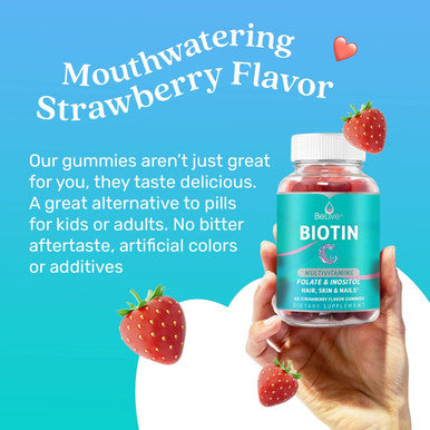 Belive Biotin Gummies With Multivitamins, Folate, Inositol Supports Hair Growth, Healthy Skin & Nails Vegan, Pectin Based Strawberry Flavor (1)