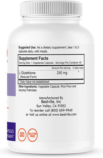 L-Glutathione 250mg (60 Vegetarian Capsules) - No Stearates - Vegan - Non GMO - Gluten Free