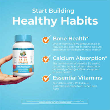 Maryruth Organics Calcium with Vitamin D and Vitamin K2 2 Month Supply Calcium Supplement Supports Bone Health & Joint Support with Vitamins D3 K2 Gummies Vegan Non GMO Gluten 60 Count
