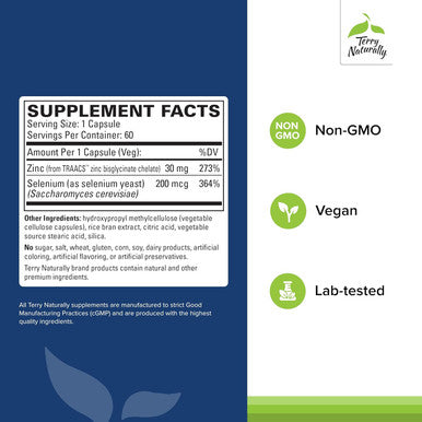 Terry Naturally Zinc Plus Selenium - 60 Capsules - Immune Support, Respiratory Function, Cellular Protection - Non-Gmo, Vegan - 60 Servings