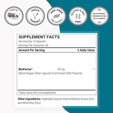 Supersmart Bioperine 30 mg Per Day Natural Black Pepper Extract 95 Piperine Help Increase Digestive Enzymes Gut Flora NonGMO Gluten Free 90 Vegetarian Capsules