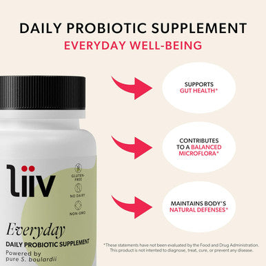 LiiV Premium Everyday Probiotic for Digestive & Immune Support, Pure S. boulardii for Women & Men, 5 Billion CFUs, Healthy MicroBiome Balance Vegetarian Capsules