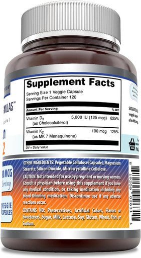 Amazing Nutrition Formulas Vitamin D3 5000 IU with Vitamin K2 100 Mcg | 120 Veggie Capsules Supplement | Non-GMO | Gluten | Made in USA