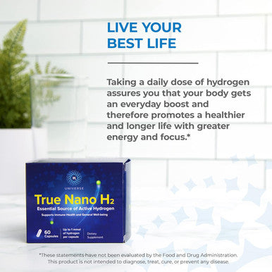 True Nano H2 By H2 Universe Molecular Hydrogen With Active Hydrogen Nanobubbles, Boosts Energy, Powerful Antioxidant 60 Capsules