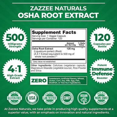 Zazzee Osha Root 4:1 Extract, 500 Mg Strength, 120 Vegan Capsules, 4 Month Supply, Concentrated And Standardized 4X Extract, 100%