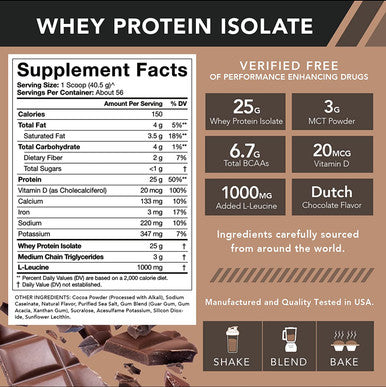 Sports Research Whey Protein Isolate Powder 5lb Dutch Chocolate LeucineEnriched Amino Acids with 25g of Protein Gluten NonGMO Verified Instantized for Easy Mixing 56 Servings