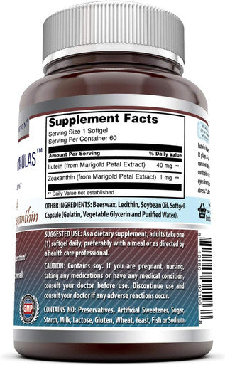 Amazing Nutrition Formulas Lutein 40 mg with Zeaxanthin 1600 mcg | Softgels Supplement | Non-GMO | Gluten | Made in USA (40 mg 60 Count)