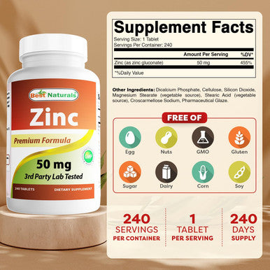 Best Naturals Zinc Supplement as Zinc Gluconate 50mg 240 Tablets - Immune Support