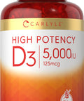 Carlyle Vitamin D3 5000 IU Softgels 500 Count Value Size NonGMO and Gluten Free Supplement High Potency Formula 125mcg