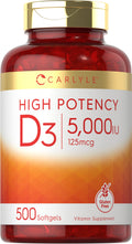 Carlyle Vitamin D3 5000 IU Softgels 500 Count Value Size NonGMO and Gluten Free Supplement High Potency Formula 125mcg