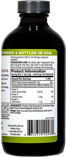 Black Seed Oil - Amazing Herbs Premium High Strength Pure Cold-Pressed Black Cumin Seed Oil (240ml, 8oz Glass Bottle)