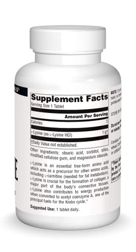 Source s L-Lysine Free Form -Amino Supplement Supports Energy Formation & Collagen - 100 Tablets