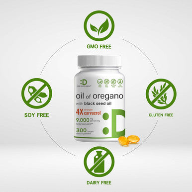 Deal Supplement Oil of Oregano Softgels with Black Seed Oil 9000mg Per Serving 300 Count 30:1 Extract Active Carvacrol & Thymoquinone Antioxidant Immune Health Support Plant Based GMO-