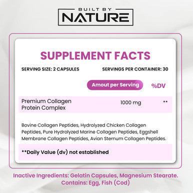Built Nature Collagen Powder Pills, Hydrolyzed Type 1 & 3 Peptides, Grass-Fed 5-In-1 Multi Collagen Complex Supplement, Healthy Hair, Skin, Nails, Bones & Joints, Keto & Paleo Friendly, Non-Gmo, 60 Capsules