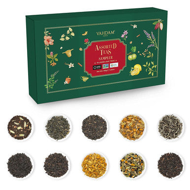 Vahdam Assorted Loose Leaf Tea Sampler (10 Teas 50 Servings) Non-GMO Gluten | Whole Loose Leaf Tea Sampler | Tea Variety Pack | Tea Set | s for Women & Men