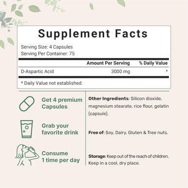 Micro Ingredients D Aspartic Acid Pills DAA Supplement 3000mg Per Serving 300 Capsules Premium D Aspartic Acid Non-GMO