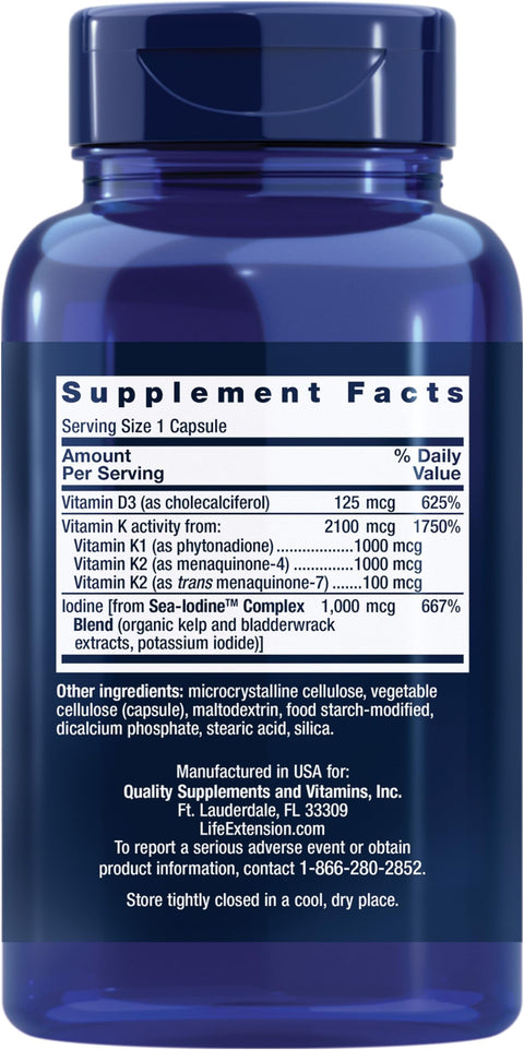 Life Extension Vitamins D and K with SeaIodine Vitamin D3 Vitamin K1 and K2 Iodine Supports Immune Bone arterial and Thyroid Health NonGMO GlutenFree 60 Capsules