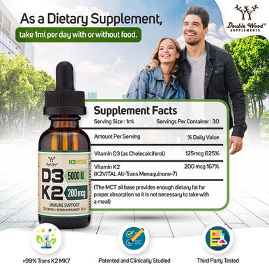 Vitamin D3 K2 Liquid Drops 5000 IU of D3 and 200mcg of 99.9 AllTrans Patented K2 MK7 K2Vital Max Absorption Immune Support for Kids and Adults 30 Servings by Double Wood Supplements