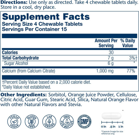 SOLARAY Calcium Citrate 1000mg Chewable Calcium Supplements for Women and Men Healthy Teeth and Bone Support Great Natural Orange Flavor Vegan Gluten Free 60Day 15 Servings