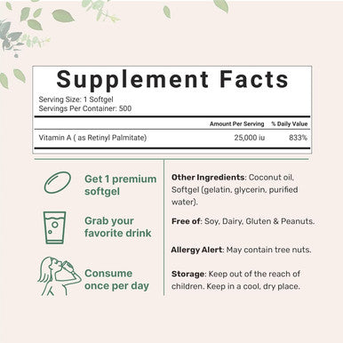 Micro Ingredients Maximum Strength Vitamin A 25000 IU | 500 Softgels with Coconut Oil for Better Absorption | Essential Vitamins for Vision Growth & Reproduction | Non-GMO Easy to Swallow