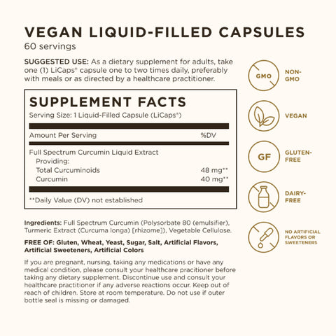Solgar Full Spectrum Curcumin - 60 Licaps - Superior Absorption - Brain Joint & Immune Health - Non-Gmo Vegan Gluten Free Dairy Free 60 Servings