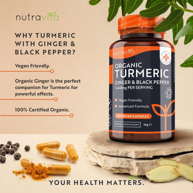 Organic Turmeric 1440Mg (High Strength) With Black Pepper & Ginger - 180 Vegan Turmeric Capsules (3 Month Supply) Organic Turmeric With Active Ingredient Curcumin - Made In The Uk By Nutravita