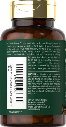 Tahoe Naturals Korean Panax Ginseng | 1500Mg | 120 Quick Release Capsules | Non-Gmo And Gluten Free Supplement |