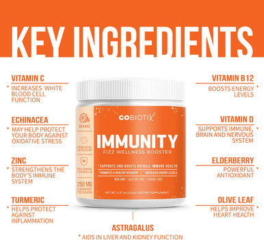 Immunity Fizz Wellness Booster by GoBiotix Immune Defense Powder Vegan Superfood Elderberry Turmeric Vitamin C B12 Supplement NonGMO Gluten Soy Sugar Free Immunity Support Orange